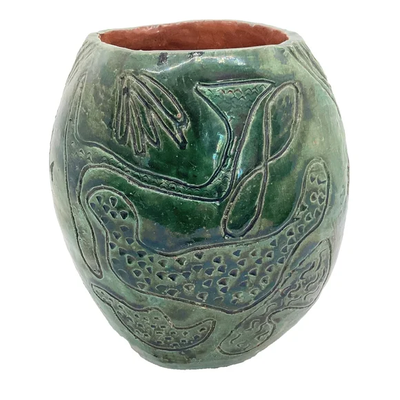 Handmade Ceramic Pottery Primitive Vase Dark Green - Picture 3 of 6